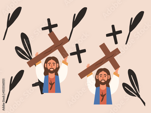 Seamless religious pattern featuring flat vector illustrations of Jesus, nuns, crosses, and palm leaves. Designed in soft pastel tones, this faith-based artwork is ideal for Easter themes, 005