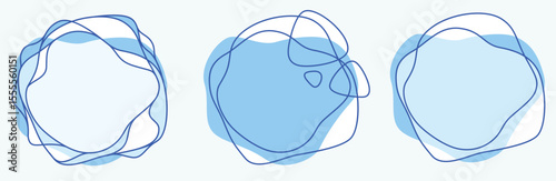Blue aqua organic abstract waves line circle forms set. Fluid amoeba frame border elements sign. Amorphous liquid banner. Vector background
