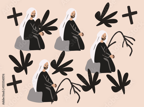 Seamless religious pattern featuring flat vector illustrations of Jesus, nuns, crosses, and palm leaves. Designed in soft pastel tones, this faith-based artwork is ideal for Easter themes, 004