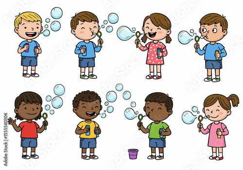 Cartoon illustration of a diverse group of happy children smiling and blowing soap bubbles together, enjoying fun playtime activities.