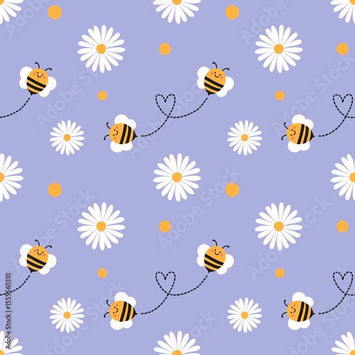 Adorable seamless pattern with flying bees, white daisies, and purple background. Kawaii design for kids' fabric, spring designs, and cute decorative projects.