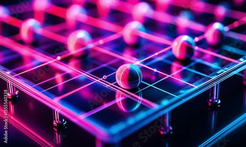 Futuristic glowing data nodes connected by grid lines representing technology, network systems, and artificial intelligence communication.