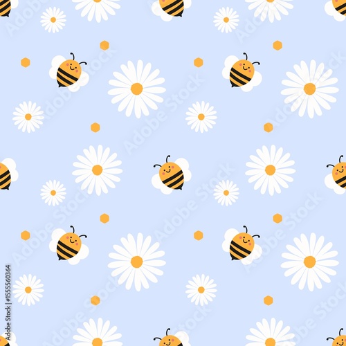 Cute seamless pattern with smiling bees, white daisies, and honeycombs on light blue background. Perfect for kids, spring, and cheerful fabric designs.