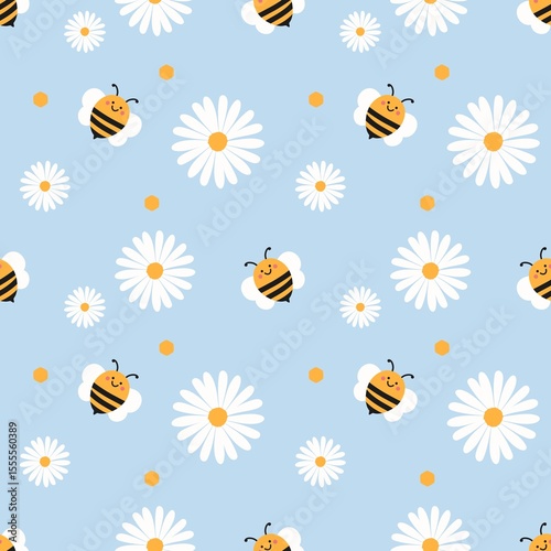 Cute seamless pattern with smiling bees, white daisies, and honeycombs on light blue background. Perfect for kids, spring, and cheerful fabric designs.