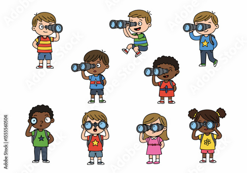 Diverse cartoon children looking through binoculars, exploring and searching for the future.