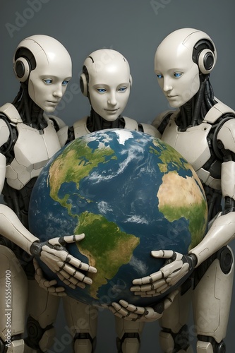  AI Robots Lovingly Holding a Large Earth Globe