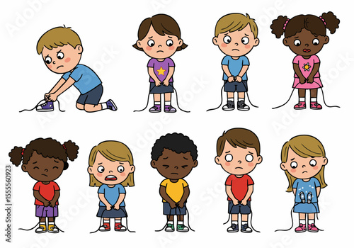 Collection of cartoon children expressions of discomfort, needing to use the bathroom, or having difficulty, highlighting childhood challenges like toilet training or struggling with tasks.