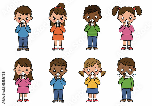 Collection of diverse cartoon children blowing their noses with tissues, depicting cold, flu, or allergy symptoms on a white background.