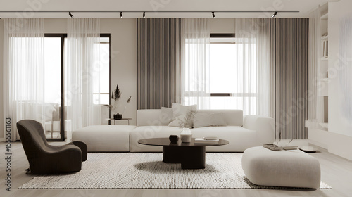 Modern living room with clean, minimal design and natural light, embodying simplicity and elegance.