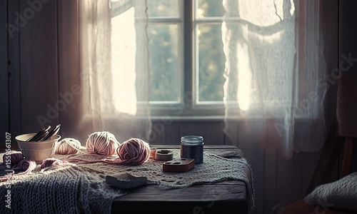 Soft natural lighting on yarn balls and knitting supplies beside a bright window evoking a cozy home craft environment.