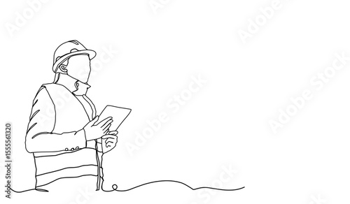 Line Art Drawing of a Construction Architect Working at a Site