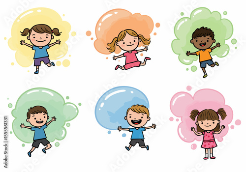 Happy and Diverse Group of Cartoon Children Jumping and Playing Surrounded by Colorful Bubbles