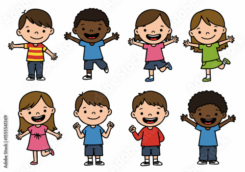 Set of diverse cartoon children characters smiling and playing, isolated on white background. Happy multicultural boys and girls collection.