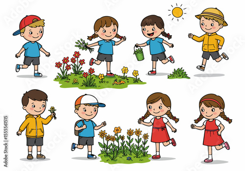 Happy cartoon children playing and exploring outdoors near flowers and plants