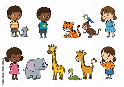 Cartoon illustration of diverse children with various animals including cat, tiger, elephant, giraffe, monkey, bird, and snake on white background.