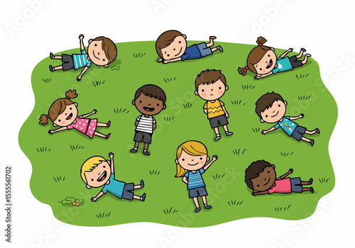 Diverse group of happy cartoon children enjoying summer on a grassy hill, playing and relaxing outdoors.