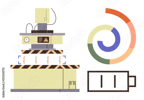 Factory equipment with caution markings emitting energy waves, abstract spiral chart, low battery icon. Ideal for energy management, industry, production, efficiency, sustainability, technology