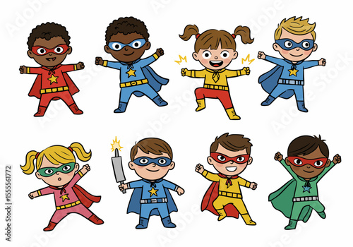 Collection of diverse children dressed as superheroes in colorful costumes, masks, and capes, showing strength and fun, isolated on white.