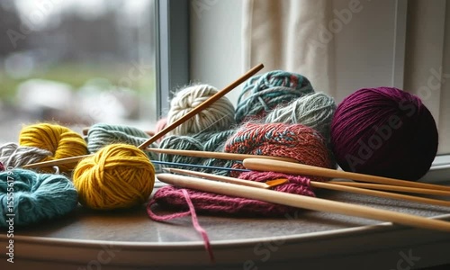 Colorful yarn and knitting tools arranged on wooden surface in a well-lit craft setting ideal for textile enthusiasts.