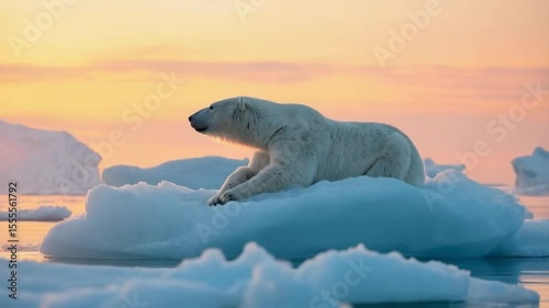 Polar bear rests on ice floe at sunset in arctic landscape peaceful serene and majestic scene video