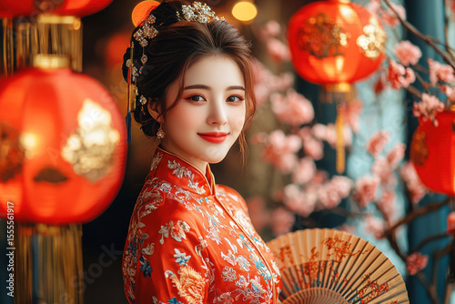 Lunar New Year Beauty: Radiant beauty in a cheongsam dress stands amidst the glow of traditional lanterns and blossoming branches, capturing the essence of Lunar New Year's grace.