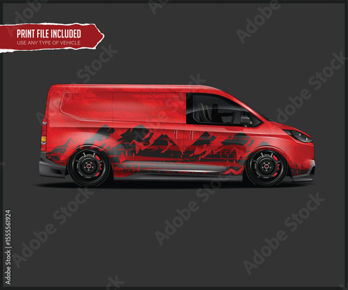 Red Van with Mountain Graphics Wrap Design van