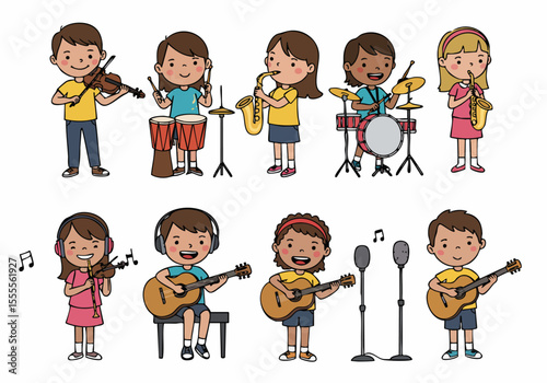 Diverse group of happy children playing various musical instruments in a fun, cartoon illustration, isolated on a white background.