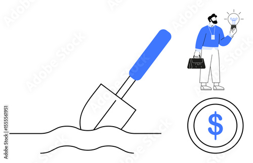Businessman holding lightbulb, shovel digging soil, and dollar icon representing growth, innovation, investment, hard work, financial goals, entrepreneurship strategy. Ideal for business finance
