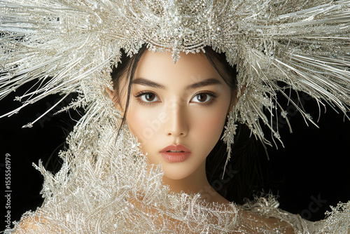 Elegant woman with ornamental silver crown: A mesmerizing portrait of a woman adorned in an elaborate silver headdress and dress. her eyes reveal a captivating allure. 