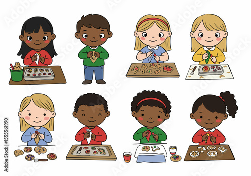 Diverse group of happy children decorating cookies together at a table with frosting and icing bags, a fun creative activity.