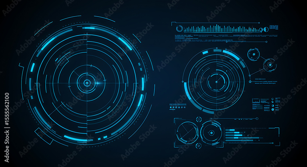 Fototapeta premium Futuristic Blue HUD Interface Elements Pack with Circular Radar and Glowing Target Indicators