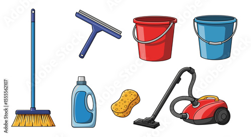 Illustration of cleaning supplies including a broom buckets squeegee sponge and vacuum cleaner