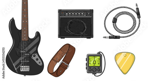 Illustration of a black bass guitar amplifier cable strap tuner and pick on a white background