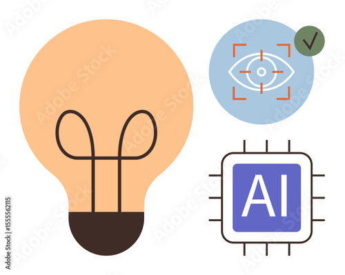 Minimalist design featuring a light bulb, AI processor chip, and a visual recognition symbol with a checkmark. Ideal for innovation, creativity, automation, technology, machine learning, vision