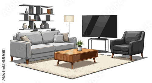 A living room setup with a gray sofa bookshelf tv chair coffee table lamp and a fluffy white rug present