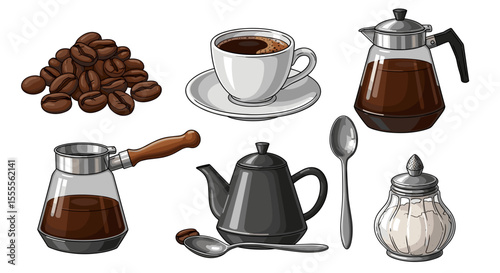 Still life featuring coffee beans cup and various coffee preparation and serving utensils neatly arranged