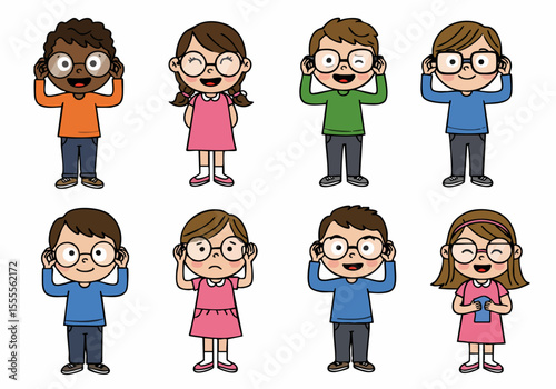 Set of diverse cartoon children covering their ears, showing various emotions while wearing glasses, isolated on white background.
