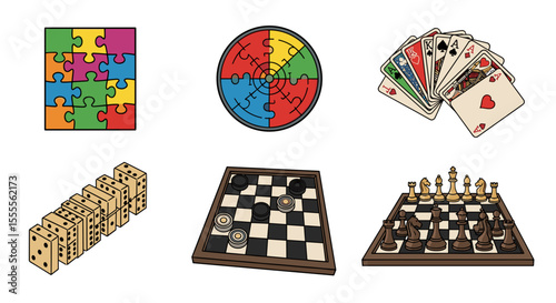 Illustration showing a collection of games including puzzles cards dominoes checkers and chess set up ready
