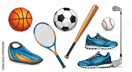 Illustration of various sports equipment including balls bat shoes and a tennis racket on white background