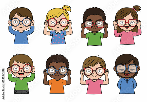 Group of Happy Diverse Cartoon Children Wearing Glasses Illustration