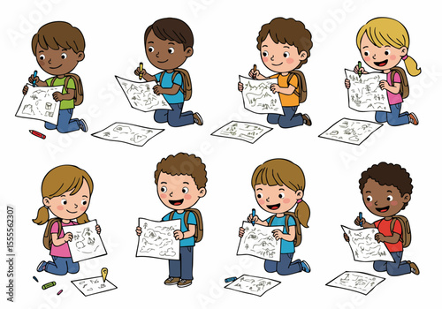 Diverse Group of Children Drawing and Reading Treasure Maps Illustration Set