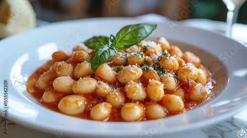 Plate of white beans in tomato sauce, offering a classic and hearty culinary visual presentation.