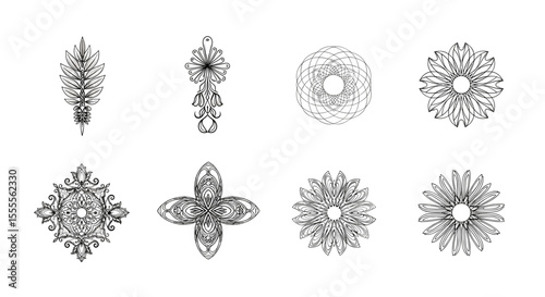 A collection of eight intricate black and white floral and geometric designs on a white background