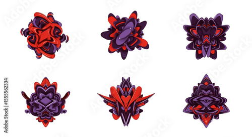 Six abstract floral designs in red and purple with symmetrical layered petal arrangements on white