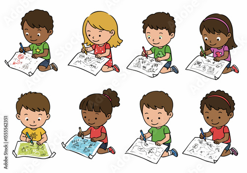 Cute cartoon children drawing on paper, a diverse group of kids engaged in creative art activity.