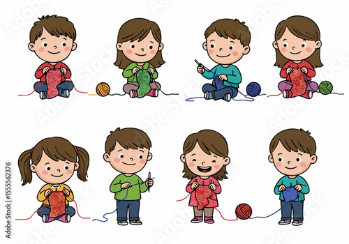 Cute cartoon children learning to knit and crochet with colorful yarn and needles, isolated illustration set on white background.