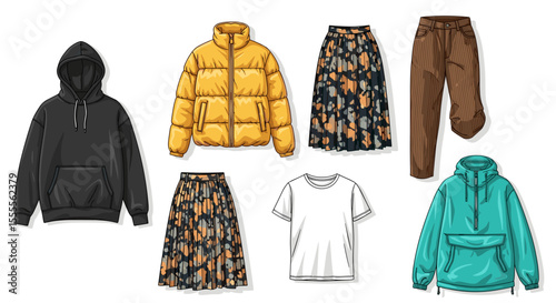 Illustration of a collection of various clothing items including jackets skirts and pants on white
