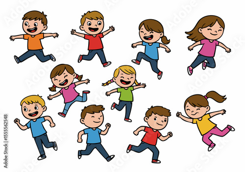 Cheerful cartoon children running and jumping with energy on a white background, illustrating active play and diverse youth.