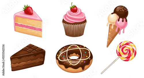 Illustration of assorted desserts including cake cupcake ice cream donut and lollipop on white background