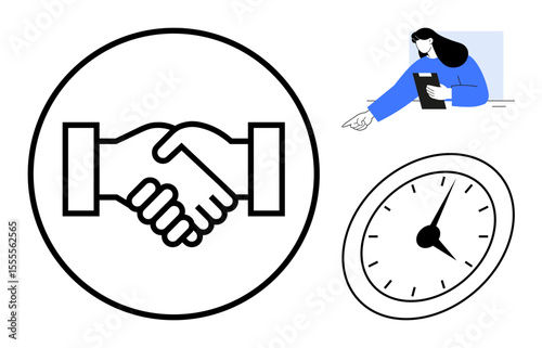 Handshake as a partnership symbol, woman holding a tablet suggesting teamwork and productivity, analog clock depicting time management. Ideal for collaboration, teamwork, partnership, time planning